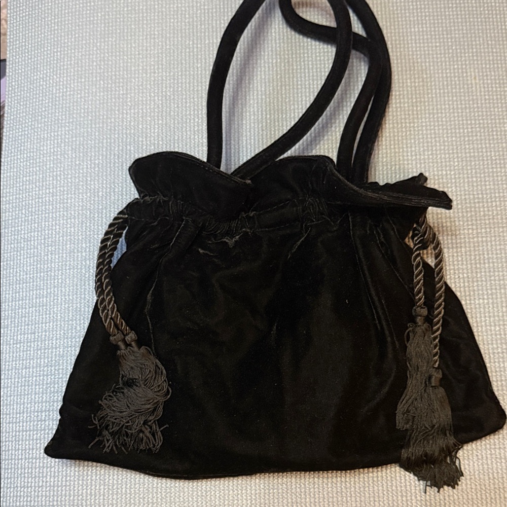 Black Velvet Shoulder Bag with Tassel Drawstring